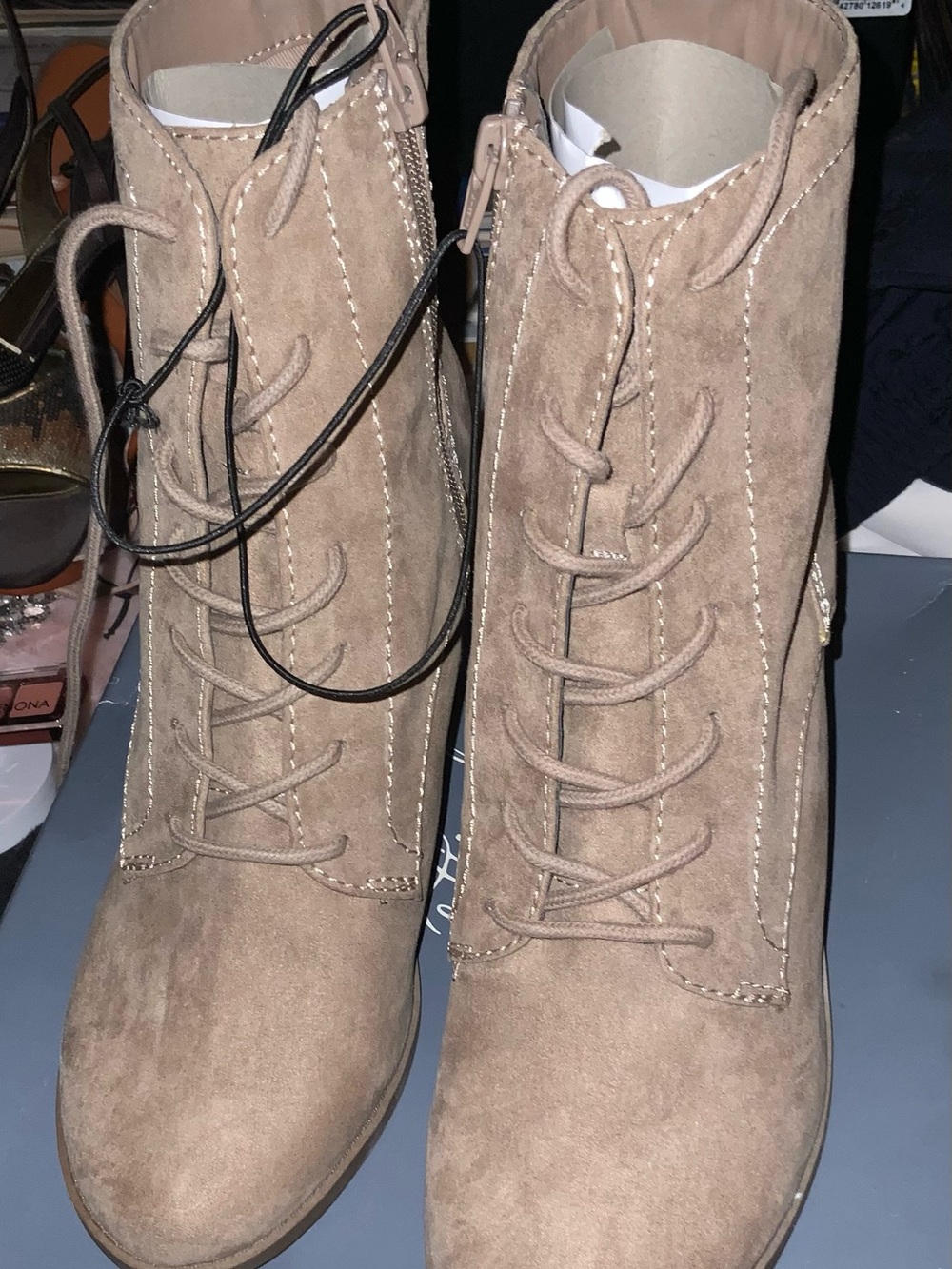 Universal Thread Taupe Lace-Up Suede Ankle Booties